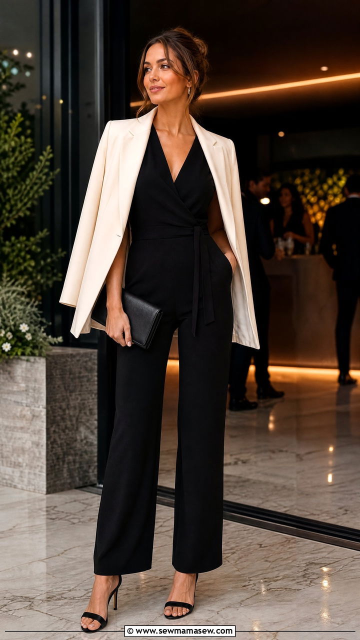 Black Jumpsuit With Cream Blazer - 30 Cream and black outfit ideas