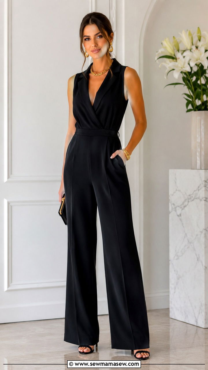 Black Jumpsuit With Gold Jewelry And Heeled Sandals - 30 classy outfits aesthetic