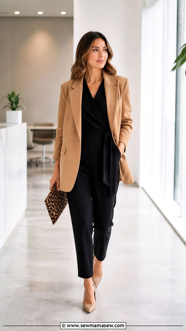 Black Jumpsuit With Oversized Blazer - 40 spring business casual outfits