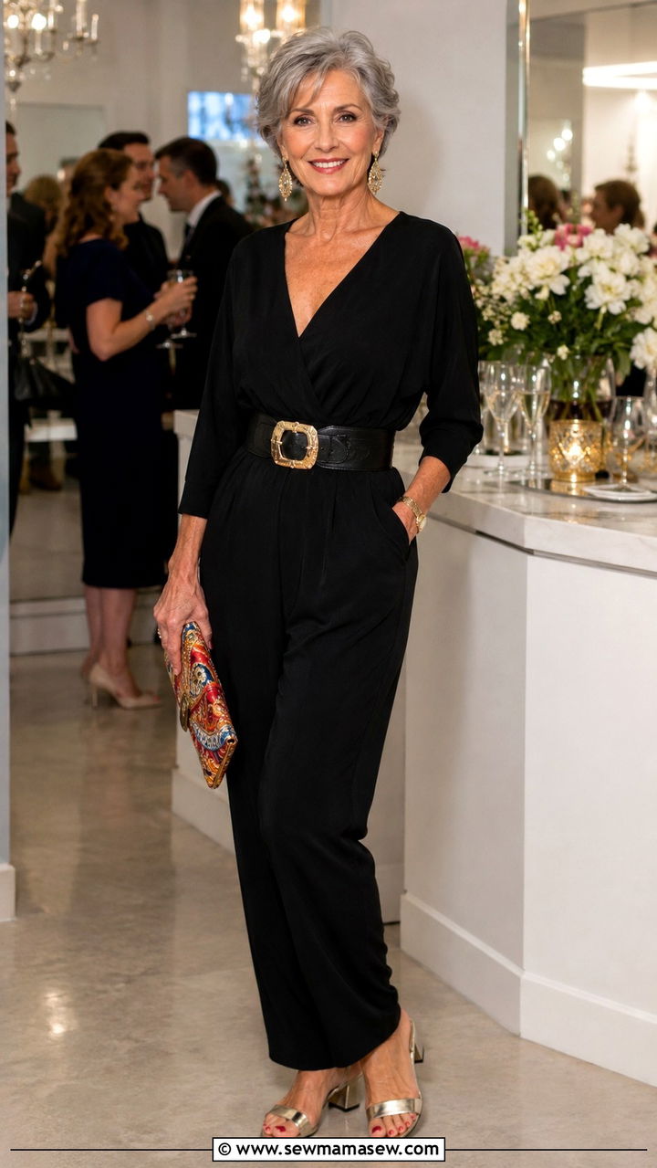 Black Jumpsuit With Statement Belt - 30 Party outfits for women over 60
