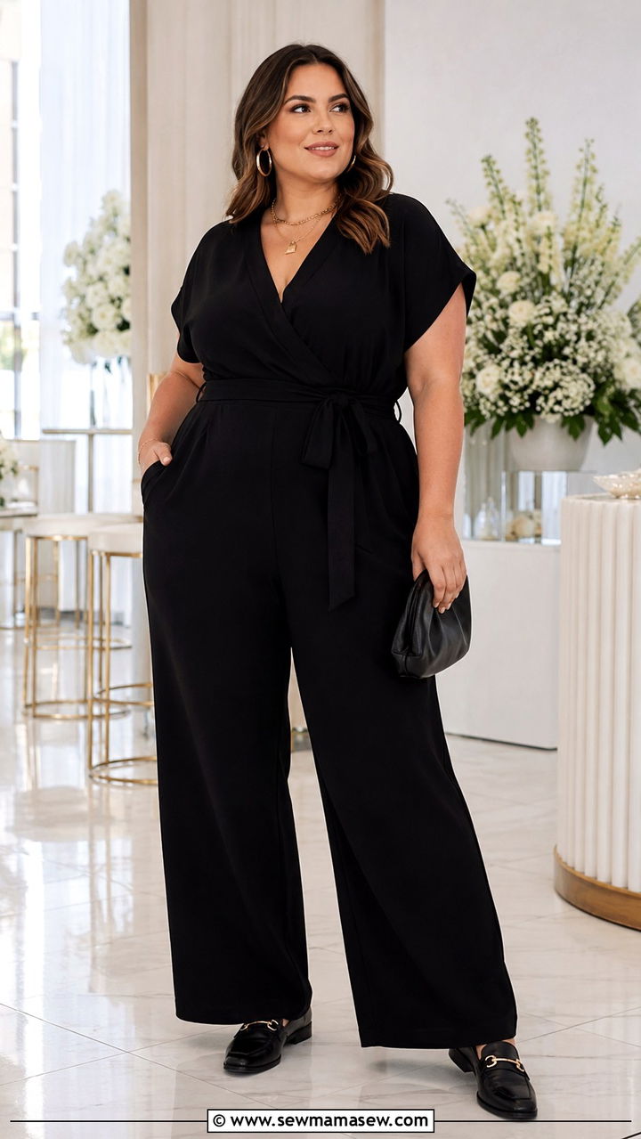 Black Jumpsuit With Tie Waist and Gold Jewelry With Loafers - 25 Plus size outfit ideas clean girl