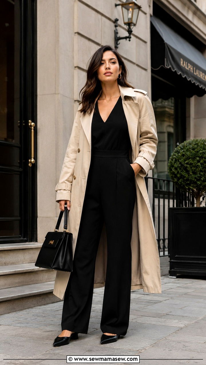 Black Jumpsuit With Trench Coat - 30 How to style a jumpsuit in spring