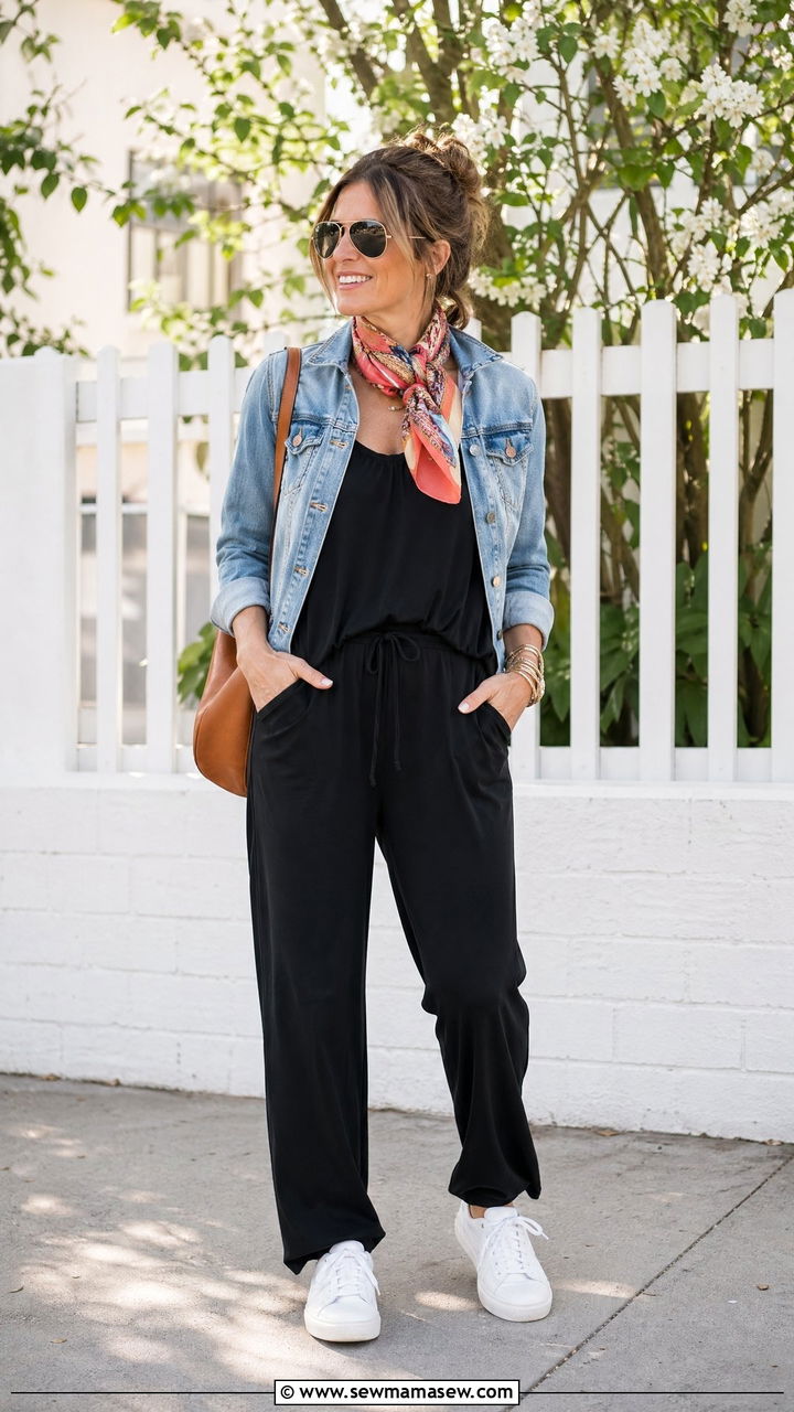 Black Jumpsuit and Denim Jacket Outfit - 35 Cool mom outfit ideas
