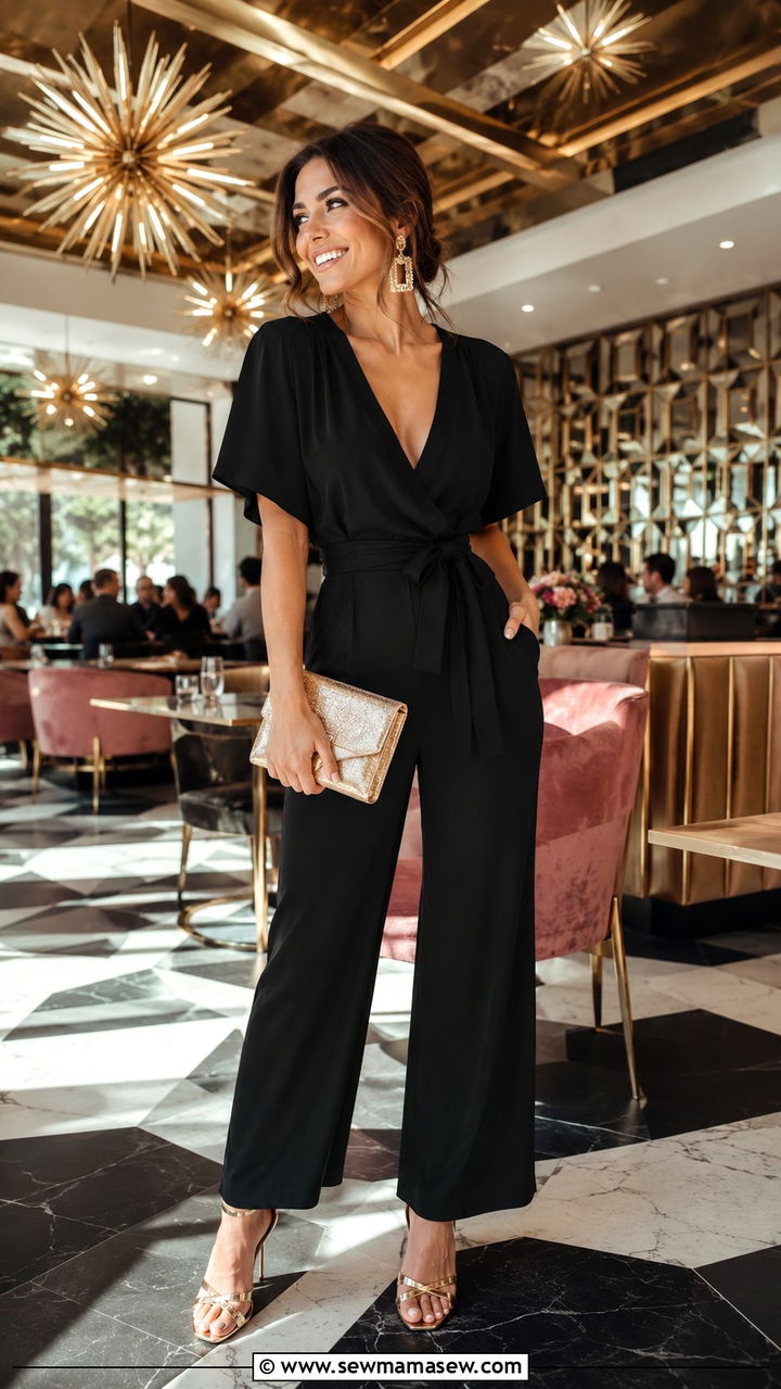 Black Jumpsuit and Metallic Heels Vegas Brunch Outfit - 30 Vegas brunch outfit ideas