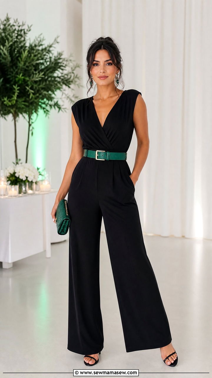Black Jumpsuit with Emerald Belt - 30 Emerald and black outfit ideas