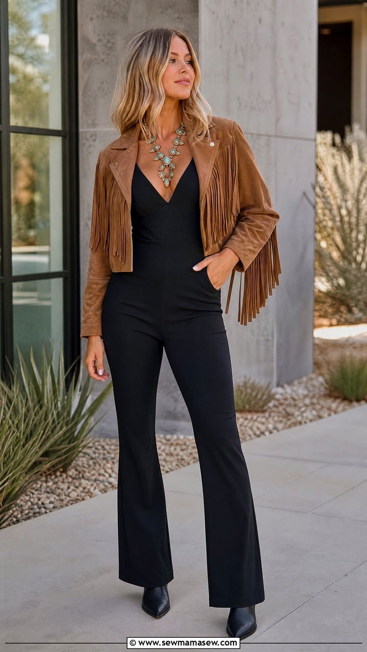 Black Jumpsuit with Fringe Jacket - 30 Country concert outfit ideas summer