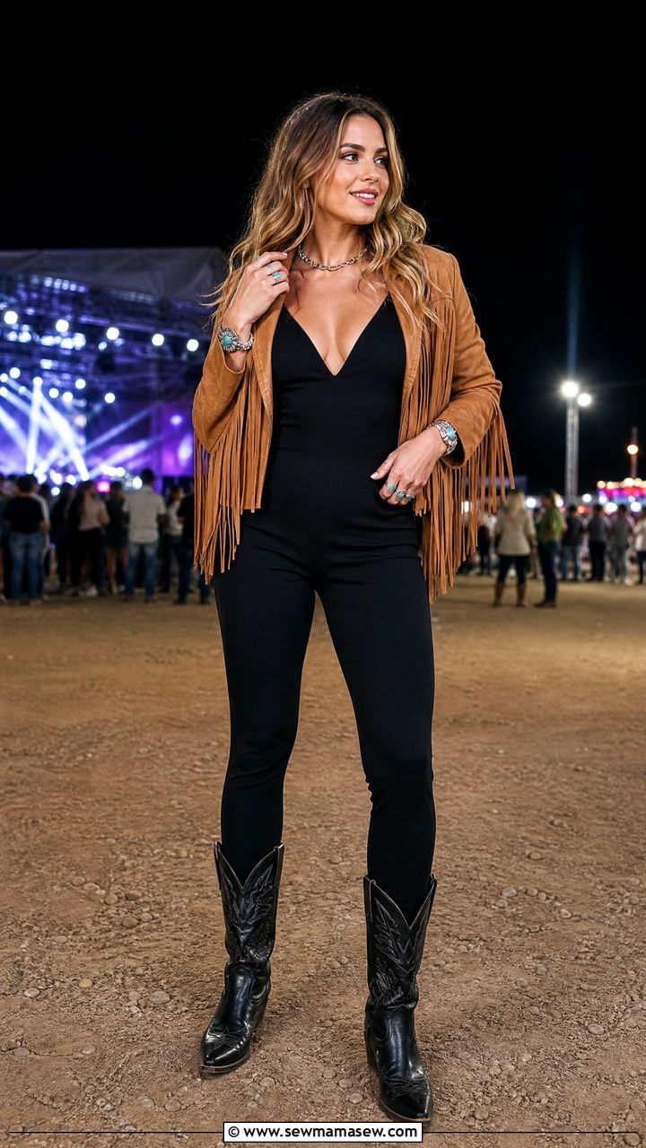 Black Jumpsuit with Fringe Jacket - 30 Country concert outfit ideas spring