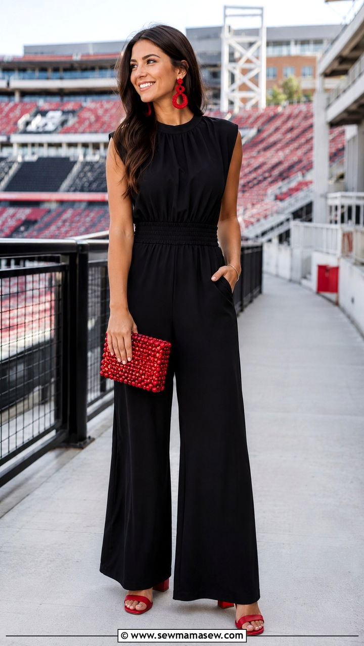 Black Jumpsuit with Red Accessories - 20 Gameday outfit ideas Georgia
