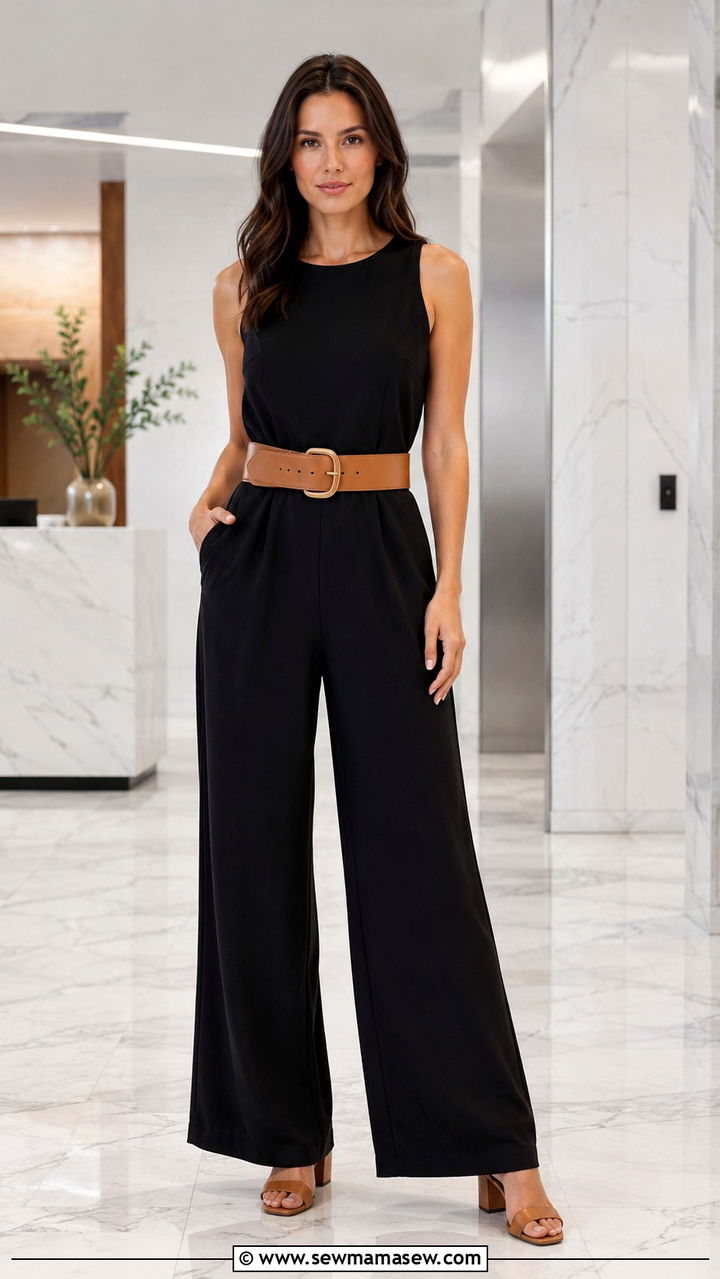 Black Jumpsuit with a Tan Belt and Block Heel Sandals - 30 business casual outfits aesthetic
