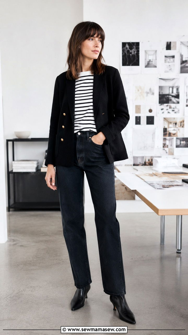 Black Knit Blazer With Striped Breton Top And Dark Denim - 25 Virtual interview outfit ideas