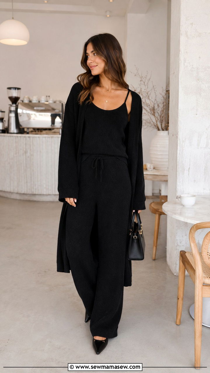 Black Knit Cardigan Lounge Set Three Piece Outfit - 25 Black loungewear set outfit ideas