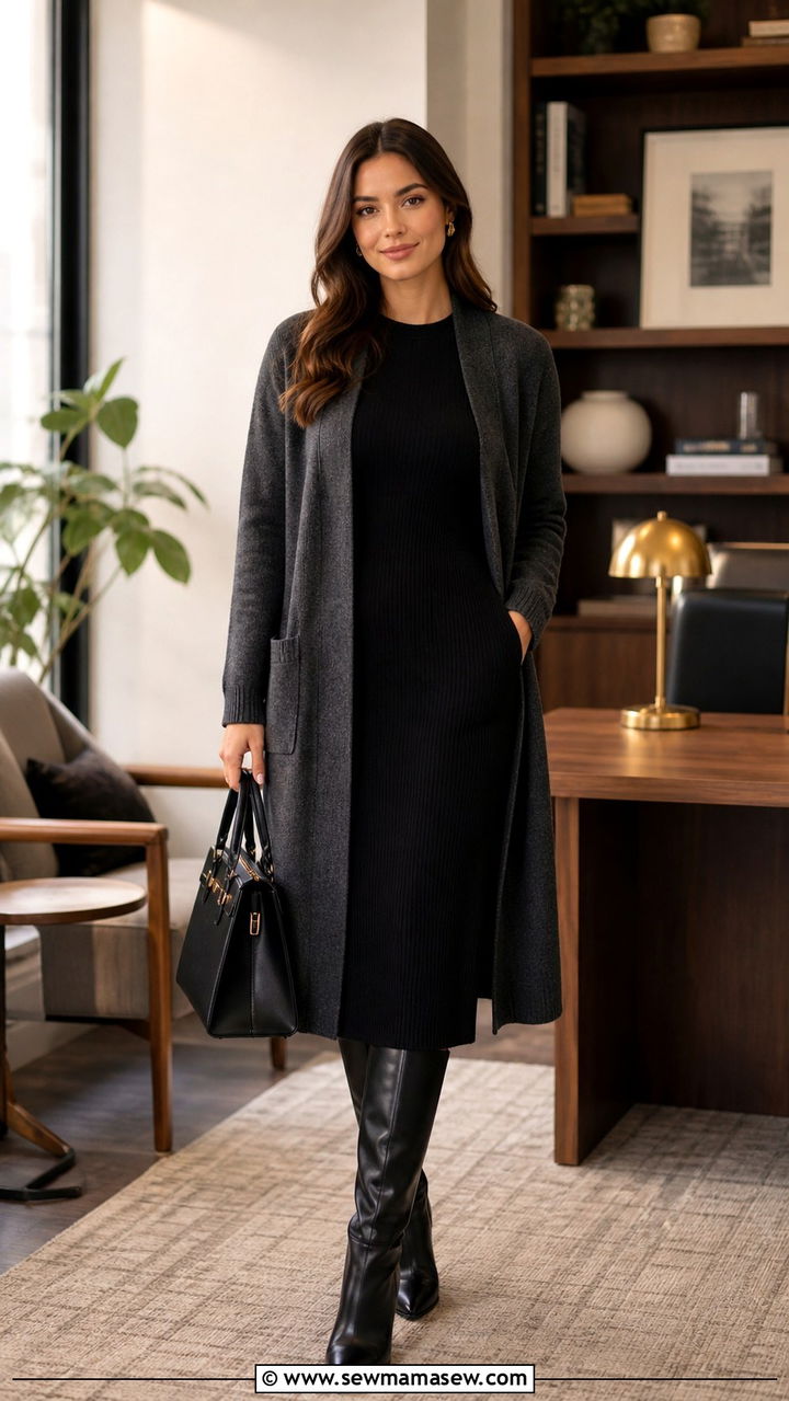 Black Knit Dress With Long Cardigan and Knee High Boots - 40 business casual outfits