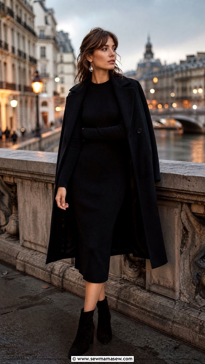 Black Knit Dress and Ankle Boots - 30 french girl capsule wardrobe outfits