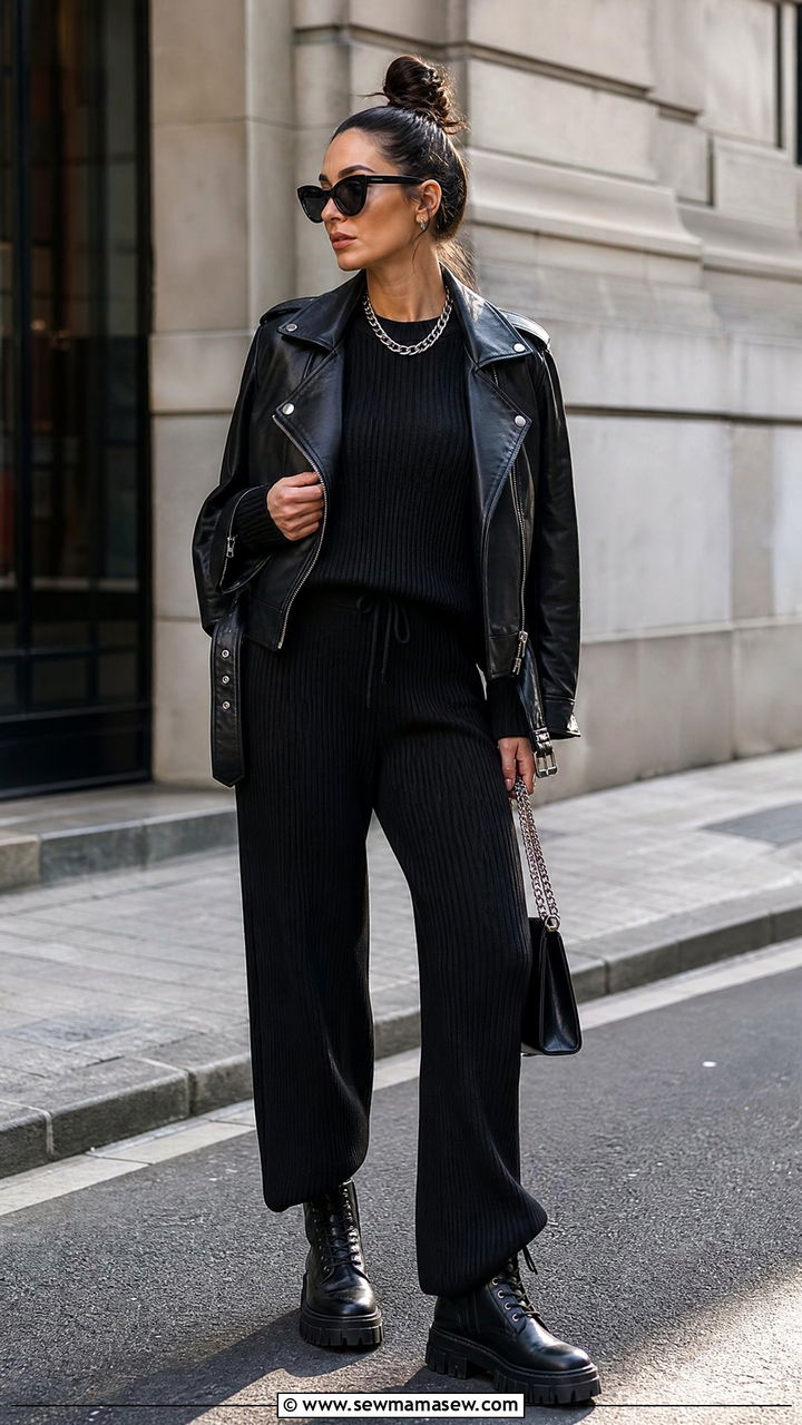 Black Knit Lounge Set with a Leather Jacket - 25 Knit loungewear set outfit ideas