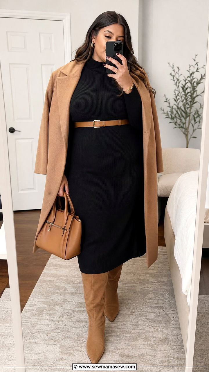 Black Knit Midi Dress With Camel Accessories Plus Size - 25 Quiet luxury outfit ideas plus size