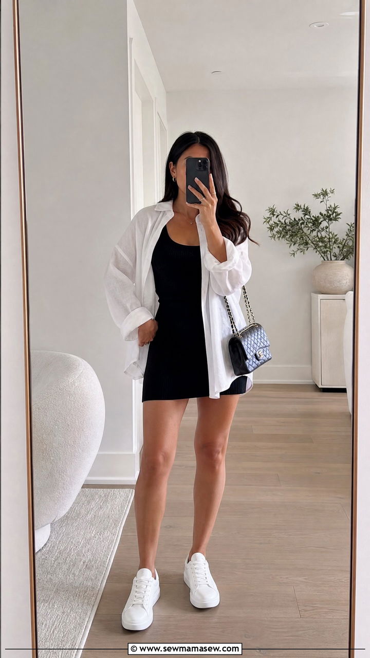 Black Knit Mini Dress with Oversized White Shirt Layer - 30 summer lightweight outfit ideas