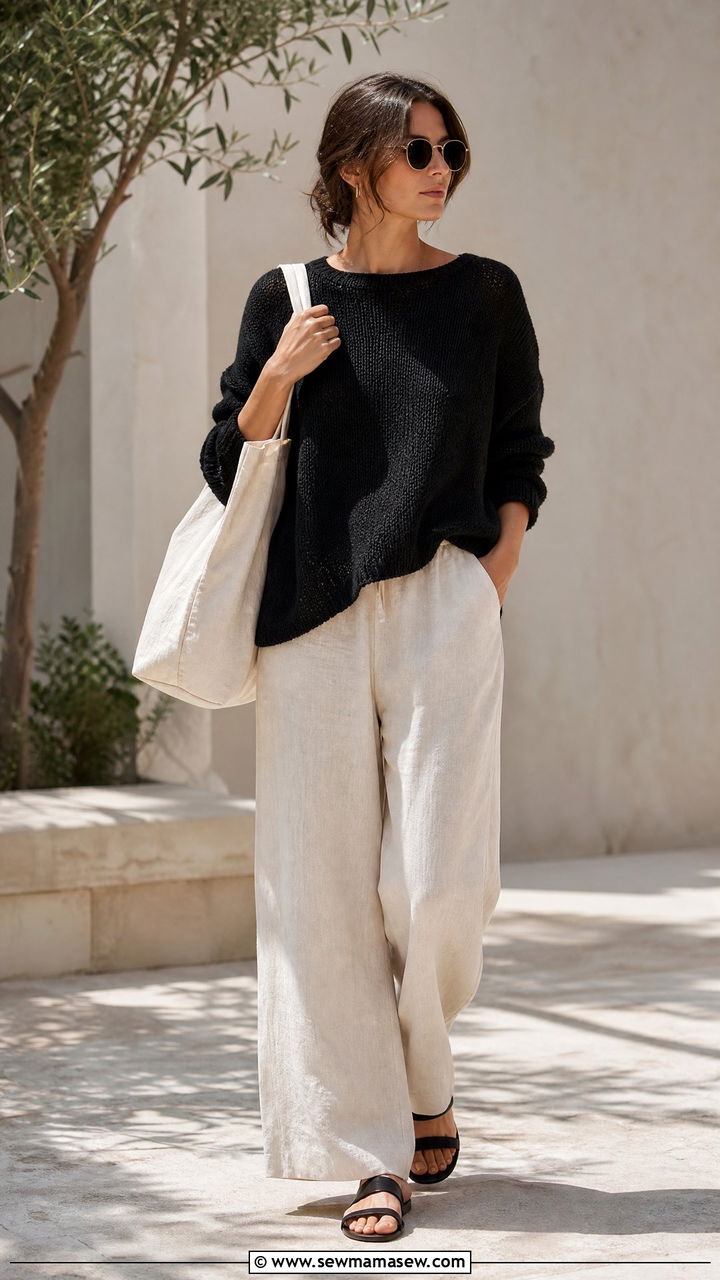 Black Knit Sweater With Cream Linen Trousers - 30 Cream and black outfit ideas
