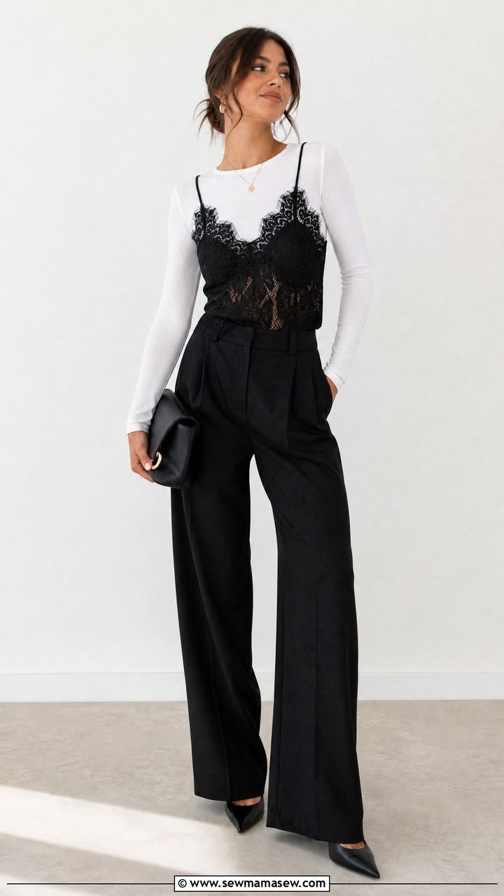 Black Lace Cami Layered Over Long Sleeve Top - 25 Lace outfit ideas 2026
