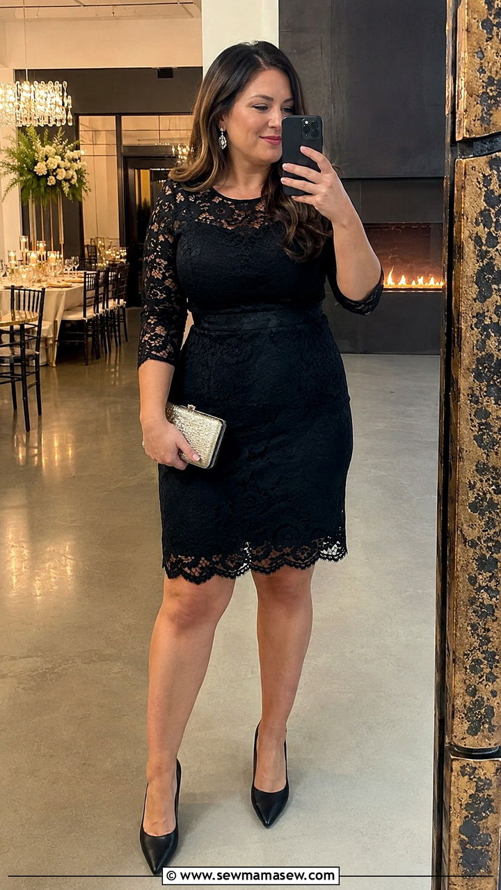 Black Lace Cocktail Dress With Crystal Jewelry - 25 Wedding guest outfit ideas size 14