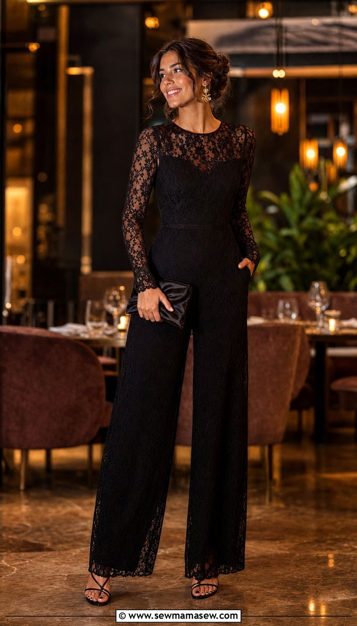 Black Lace Jumpsuit with a Clutch - 35 birthday outfits ideas