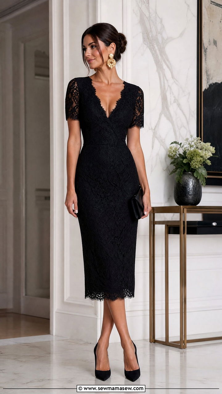 Black Lace Midi Dress with Pointed Pumps and Statement Earrings - 25 Lace dress outfit ideas 2026