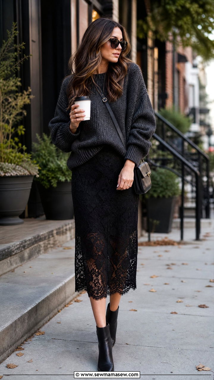 Black Lace Midi Skirt With A Chunky Knit Sweater - 25 lace outfits inspo