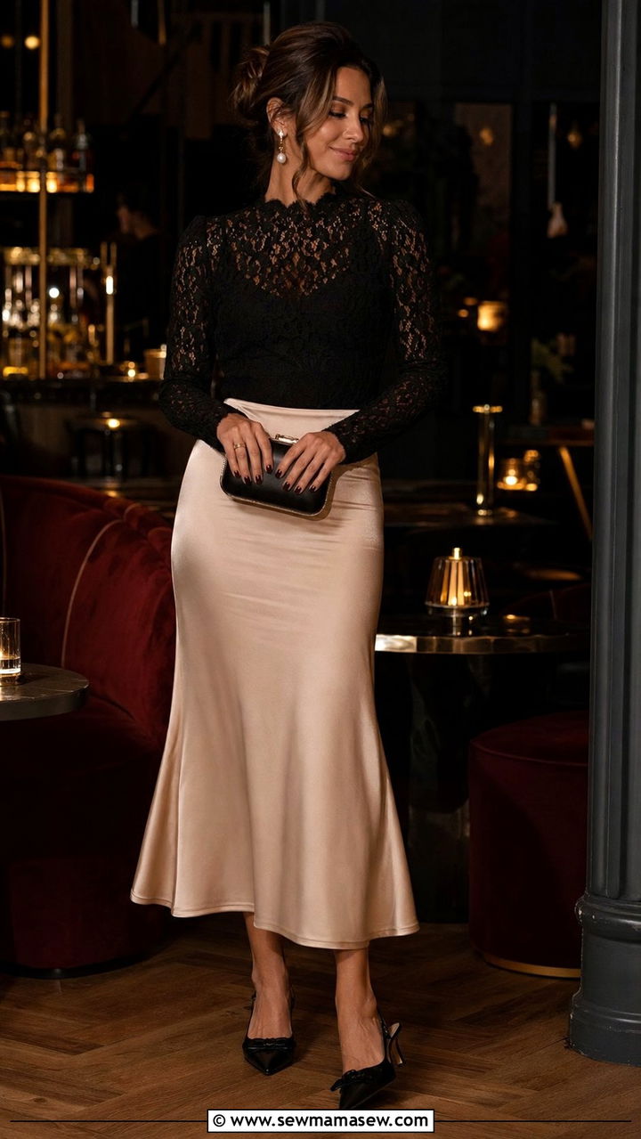 Black Lace Top with Satin Midi Skirt and Kitten Heels - 25 cute romantic outfits
