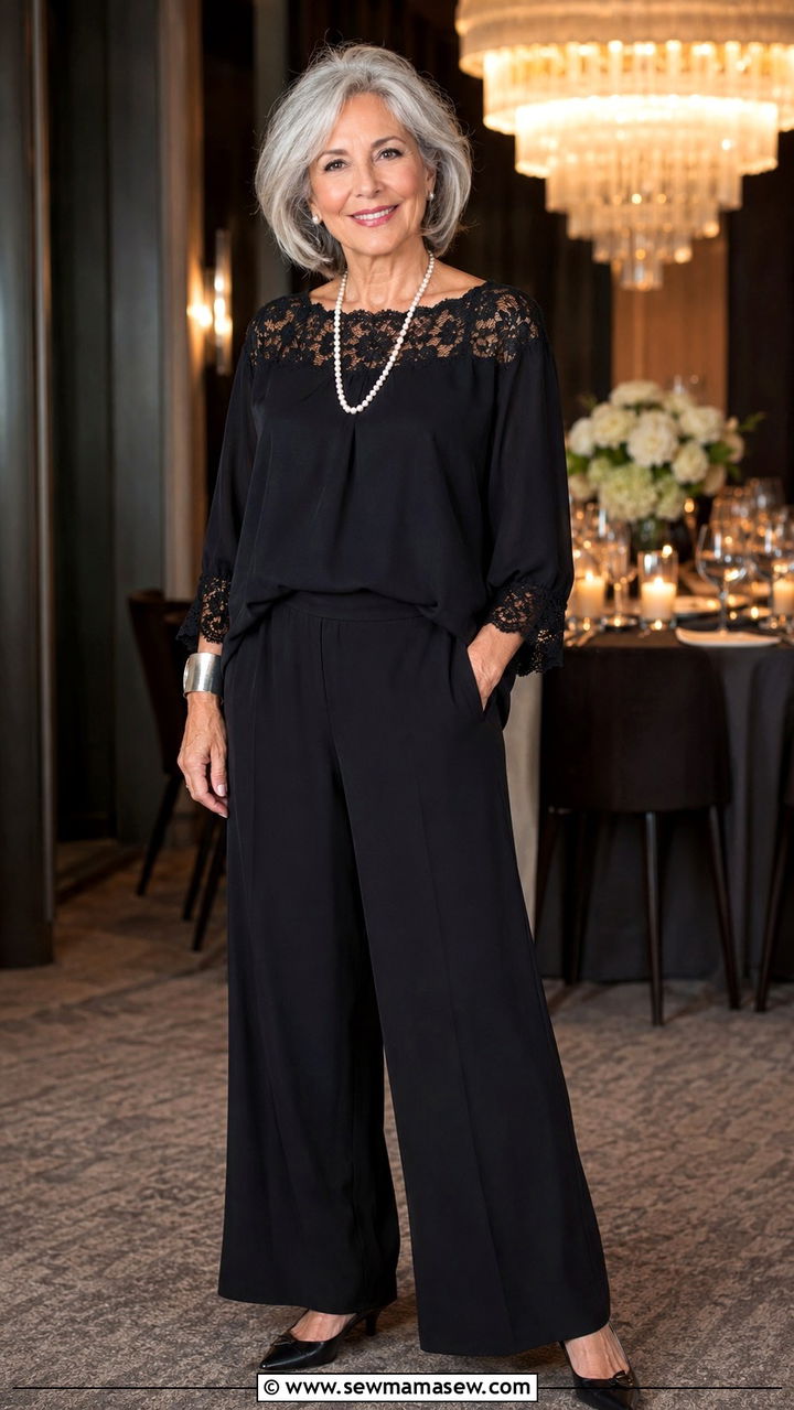 Black Lace Top with Wide Leg Pants Outfit - 30 Chic outfit ideas for women over 60