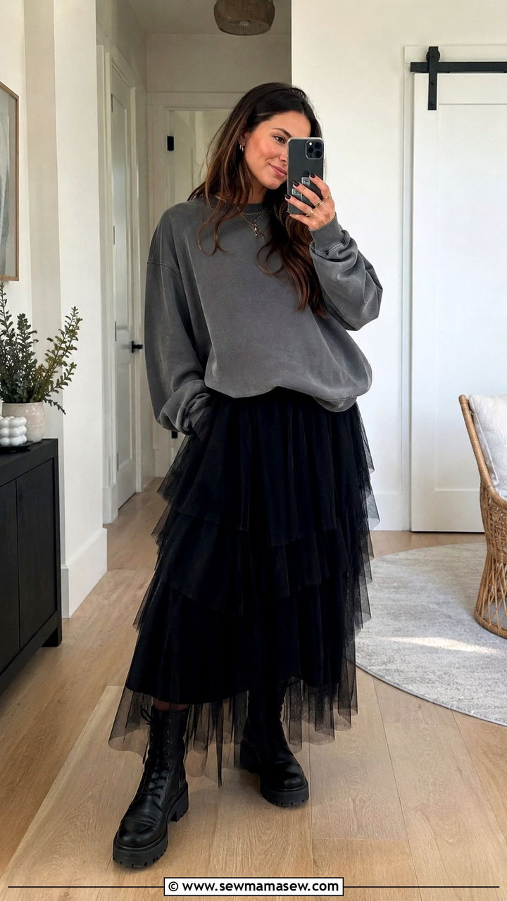 Black Layered Tulle Skirt with Graphic Sweatshirt and Combat Boots - 25 Tulle skirt outfit ideas with boots