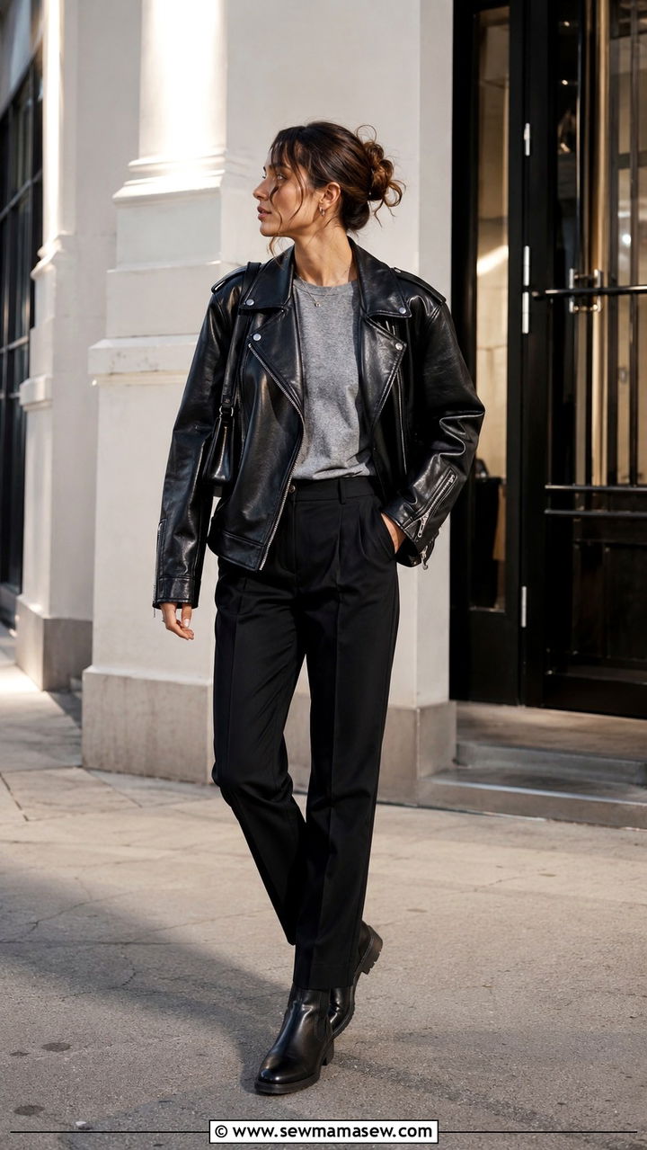 Black Leather Biker Jacket Over A Grey Tee And Black Trousers - 20 French girl outfit ideas Caroline de Maigret