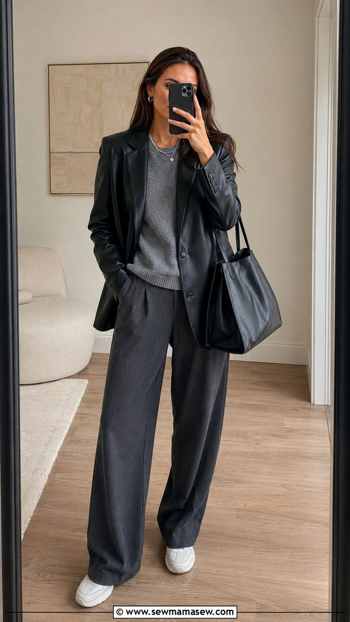 Black Leather Blazer Over Gray Knit And Wide Leg Trousers Outfit - 30 casual glamoratti outfits