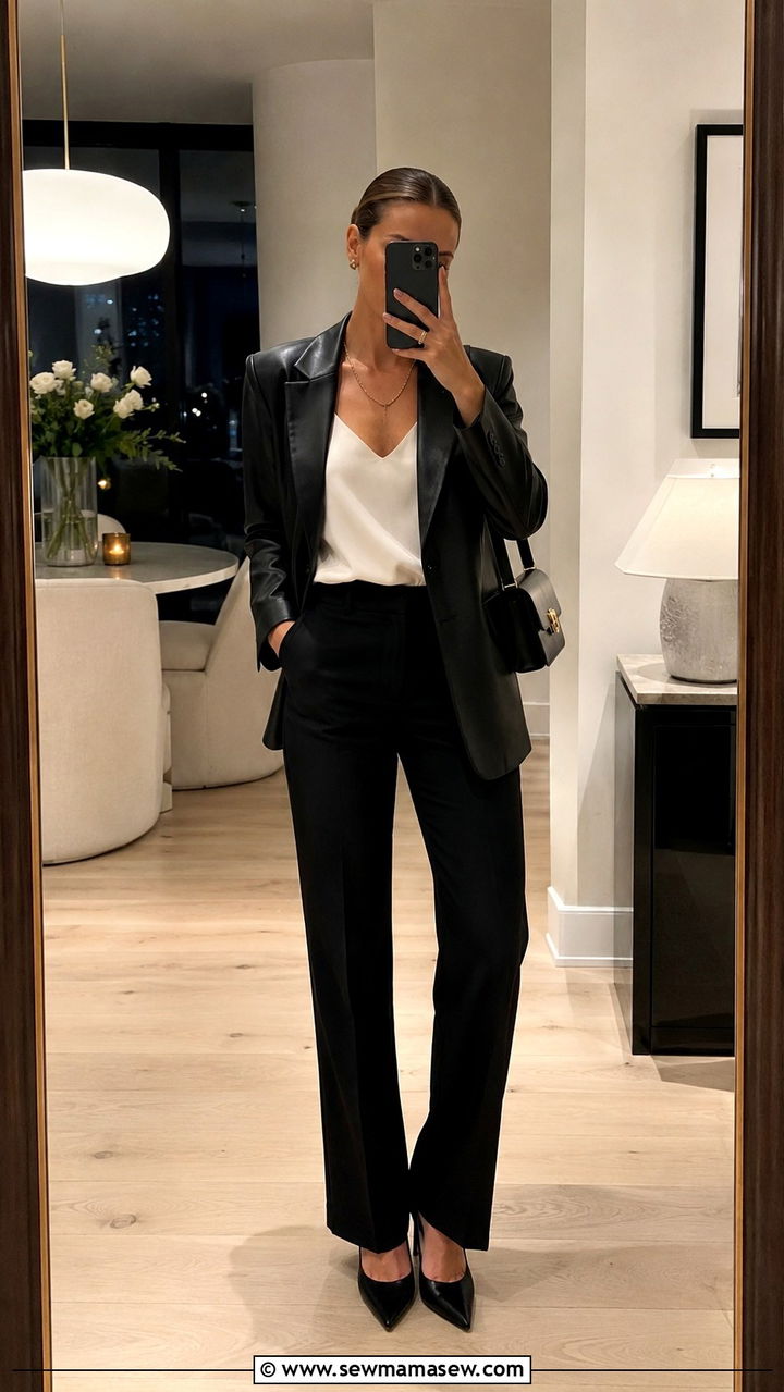 Black Leather Blazer With Ivory Silk Camisole - 30 Quiet luxury outfit ideas 2026