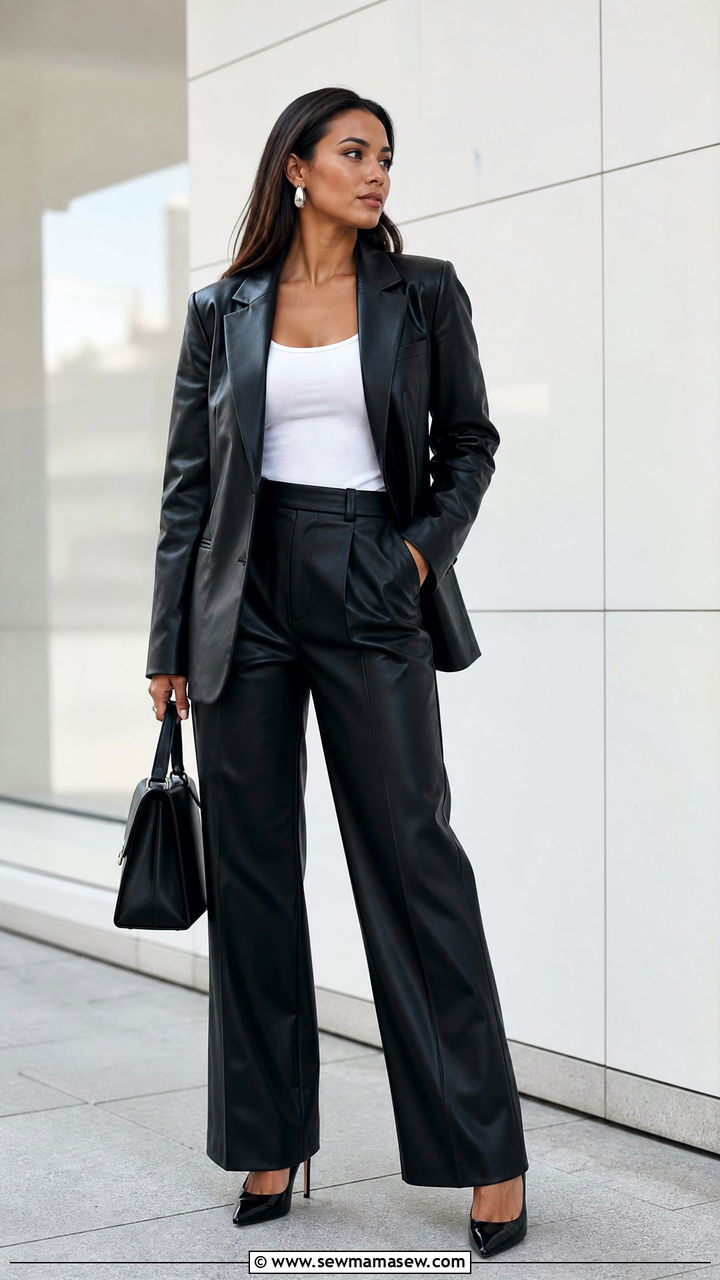 Black Leather Blazer and Trousers Matching Set Outfit - 25 Leather matching set outfit ideas
