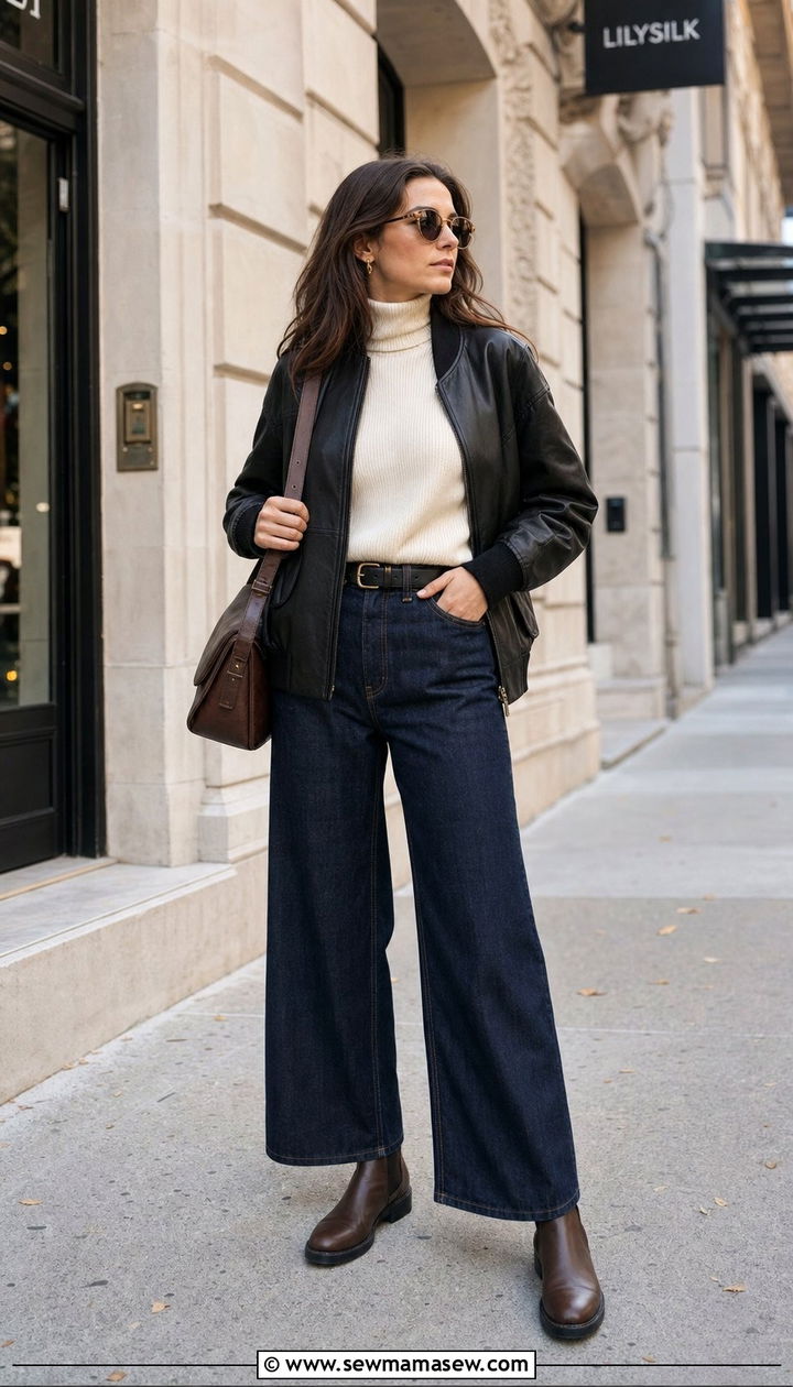 Black Leather Bomber Jacket With Cream Turtleneck And Dark WideLeg Jeans - 25 dark academia capsule wardrobe outfits