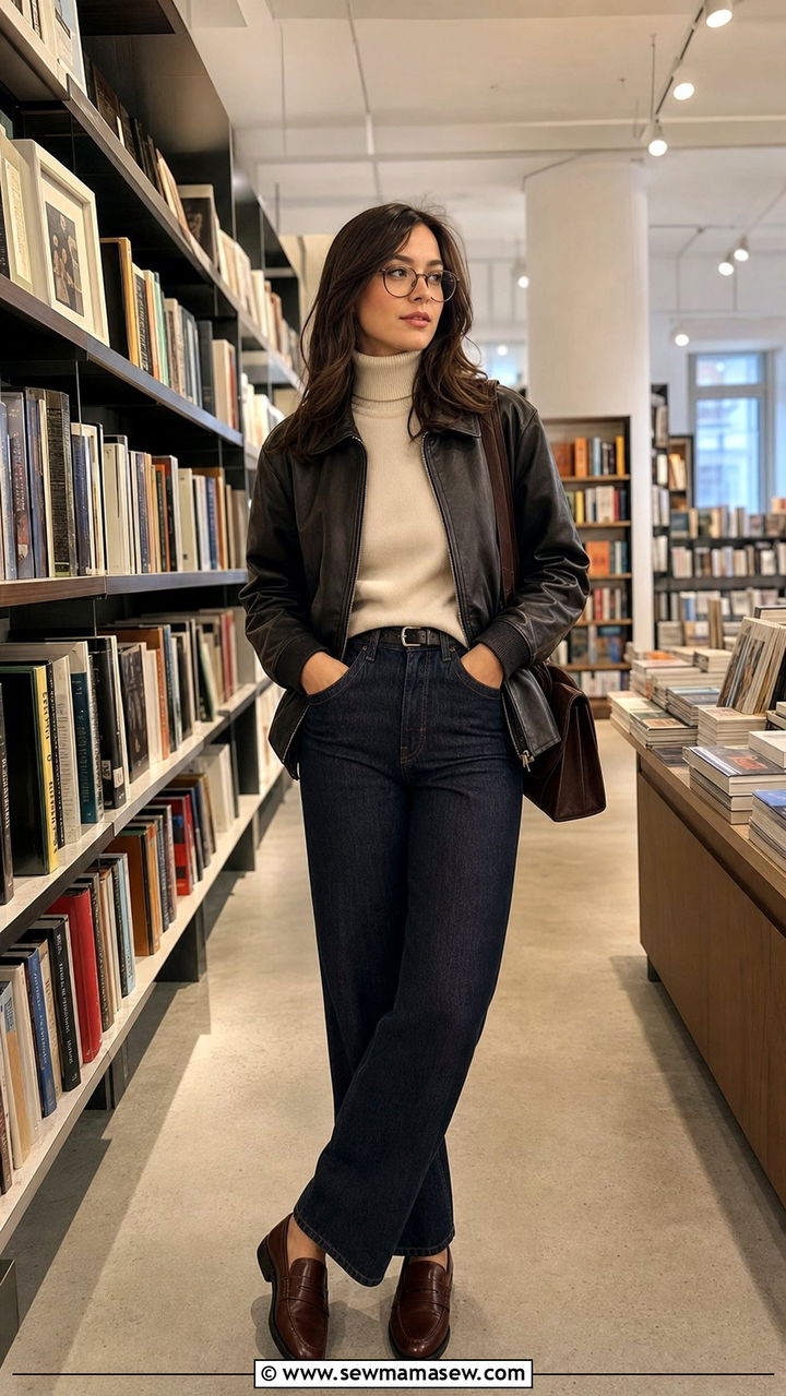 Black Leather Bomber With Turtleneck And Jeans - 25 dark academia outfits aesthetic