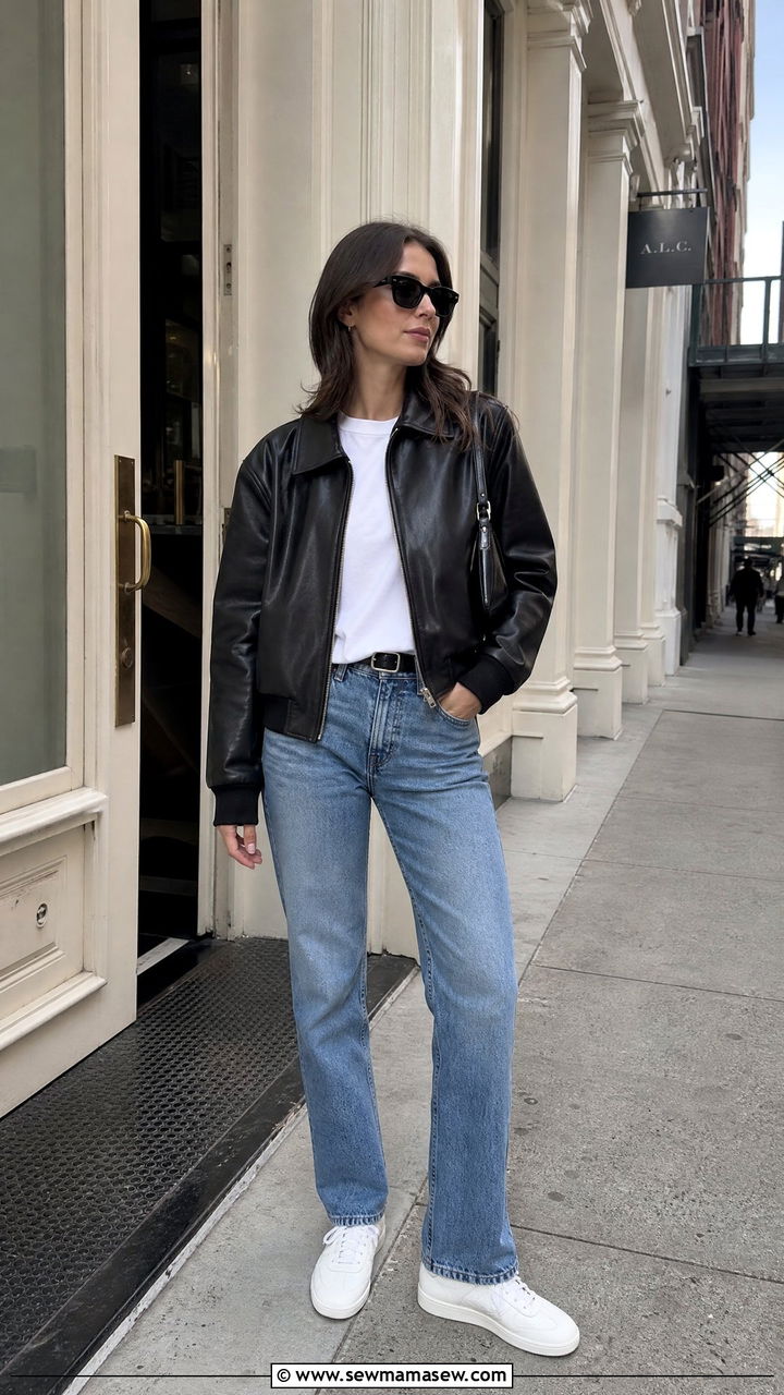 Black Leather Bomber With White Tee And Straight Leg Jeans - 25 how to style bomber jacket