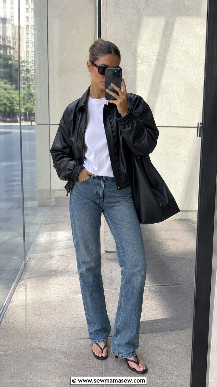 Black Leather Bomber and Straight Leg Jeans - 30 model off duty outfits for women