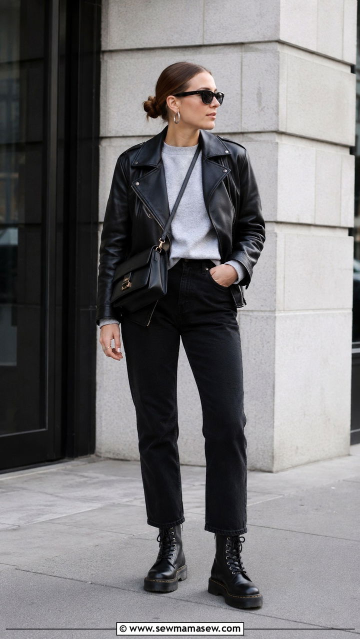 Black Leather Jacket And Grey Sweatshirt - 30 Scandi minimalist outfit ideas