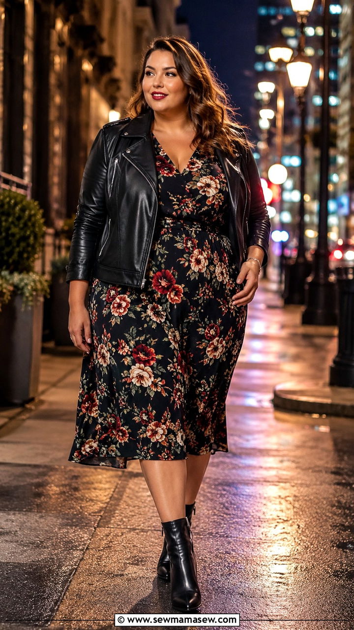 Black Leather Jacket Over A Floral Midi Dress With Ankle Boots - 25 Outfit ideas for apple shape plus size