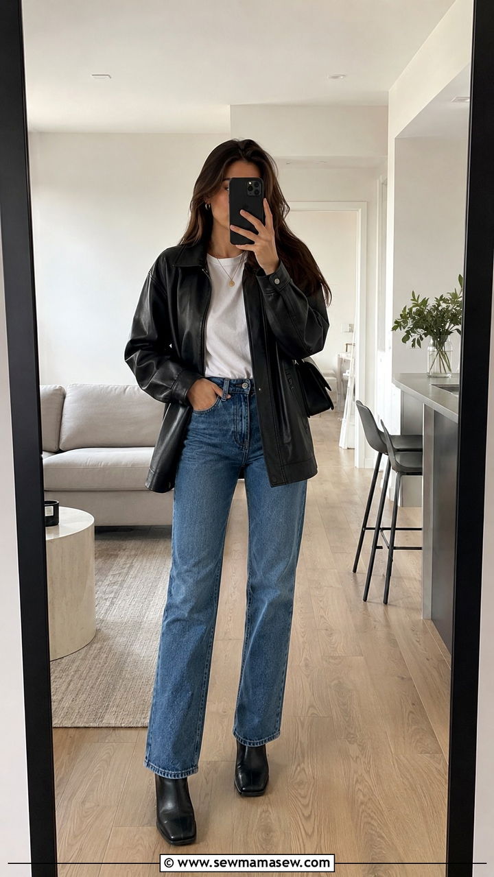 Black Leather Jacket White Tee Blue Straight Leg Jeans - 30 classy 90s outfit ideas