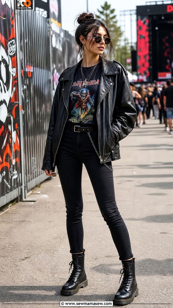 Black Leather Jacket With A Band Tee And Skinny Jeans - 30 festival outfits Pinterest
