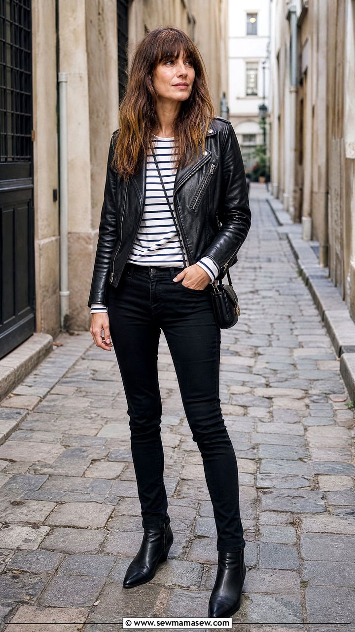 Black Leather Jacket With Breton Striped Top and Skinny Jeans - 25 Caroline de Maigret outfit ideas