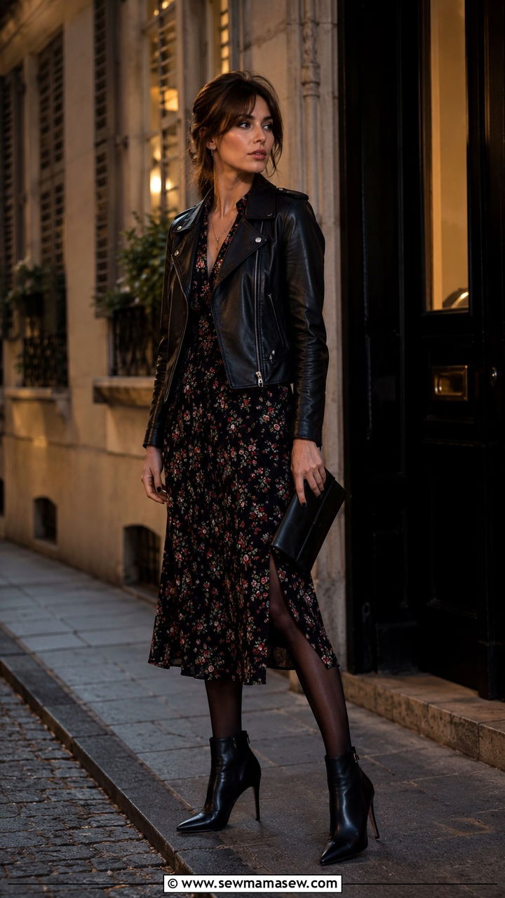 Black Leather Jacket With Dark Floral Midi Dress And Heeled Ankle Boots - 30 classy French girl outfits