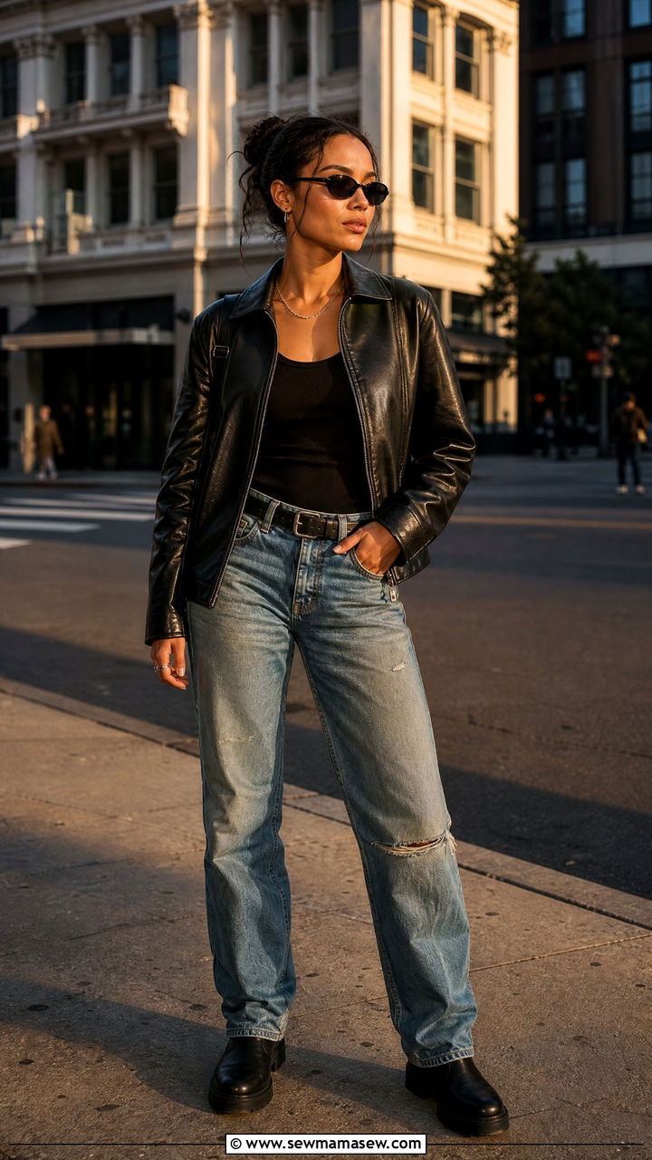 Black Leather Jacket With Distressed Denim and Chunky Boots - 20 Zoe Kravitz spring outfit ideas