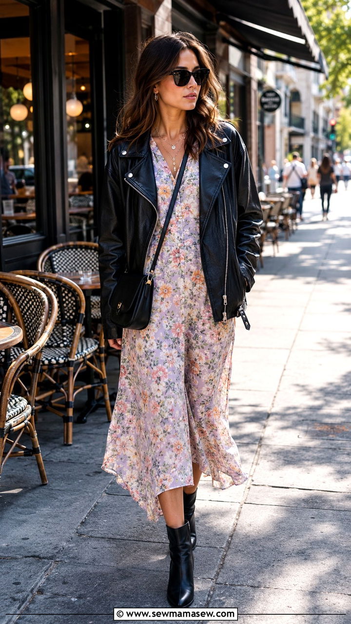 Black Leather Jacket With Floral Midi Dress - 30 Spring city outfits