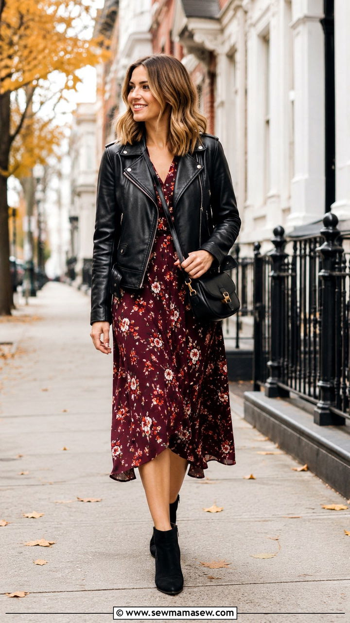 Black Leather Jacket With Floral Midi Dress - 30 Leather jacket outfit ideas with a dress
