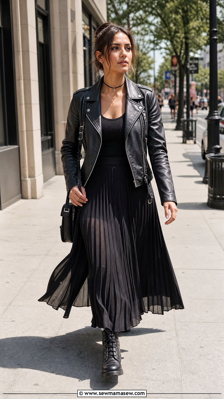 Black Leather Jacket With Flowing Pleated Maxi Skirt - 30 Dark romance outfit ideas