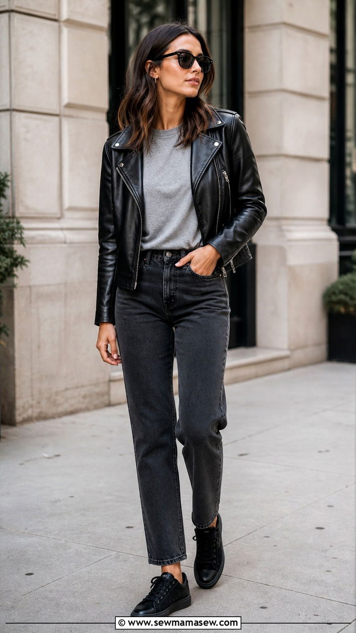 Black Leather Jacket With Grey Tee And Charcoal Jeans - 40 casual leather jacket outfits