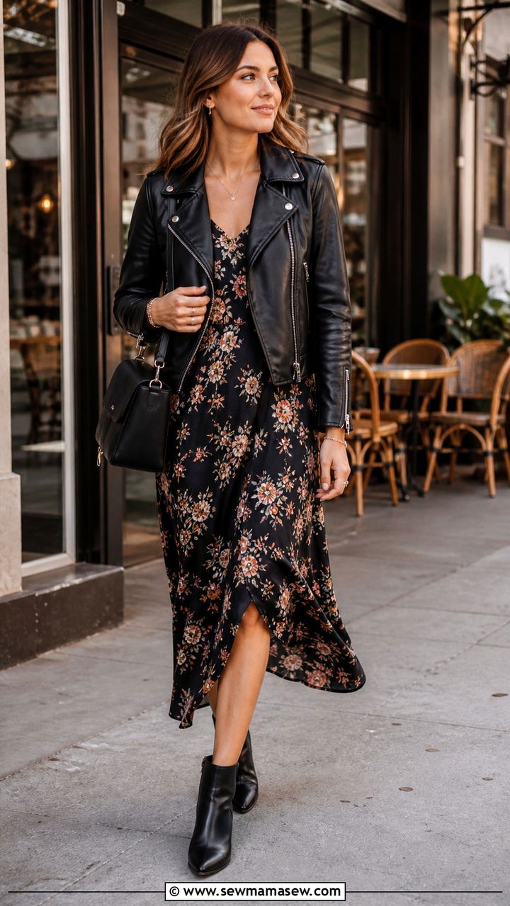Black Leather Jacket With Midi Dress And Ankle Boots - 40 casual leather jacket outfits