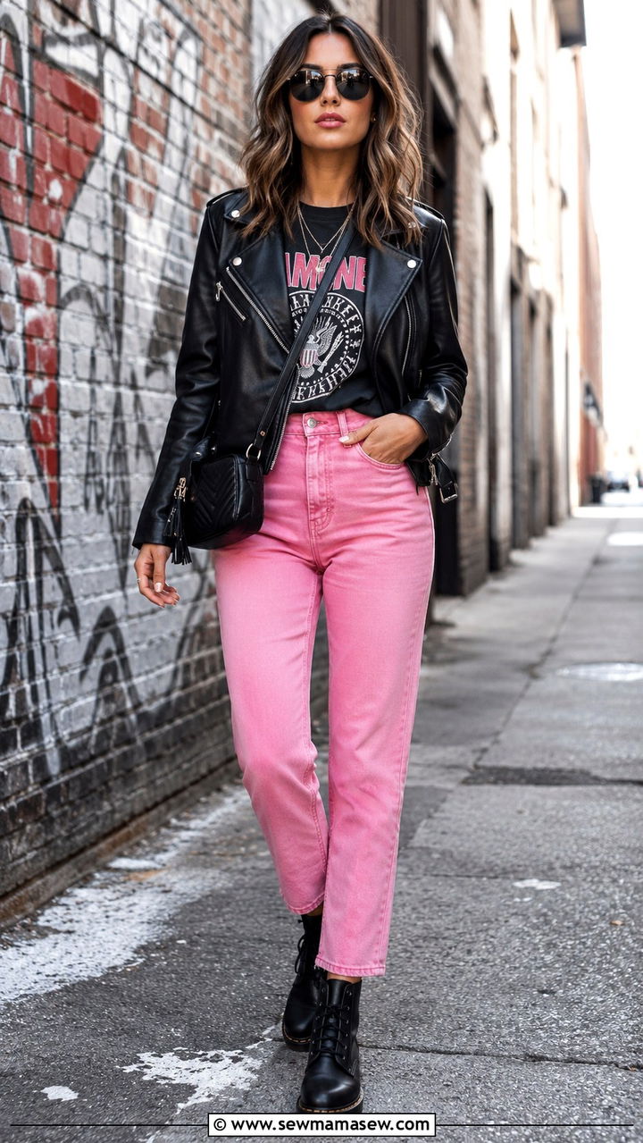 Black Leather Jacket With Pink Jeans and a Graphic Tee - 30 Pink jeans outfit ideas